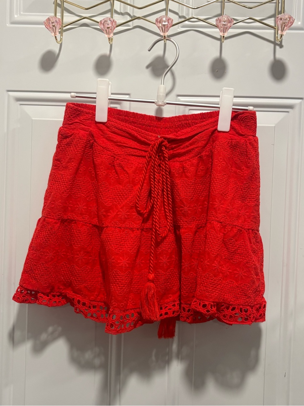Red Lace Tiered Mini Skirt with Tassel Tie